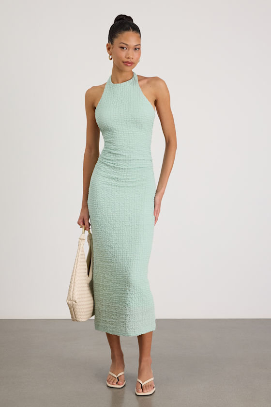 Image of Jodelle Mint Green Textured Halter Midi Dress