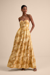 Petrina Golden Yellow Floral Jacquard Strapless Maxi Dress 1