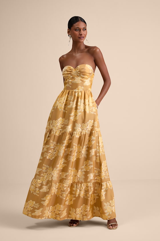 Petrina Golden Yellow Floral Jacquard Strapless Maxi Dress 1