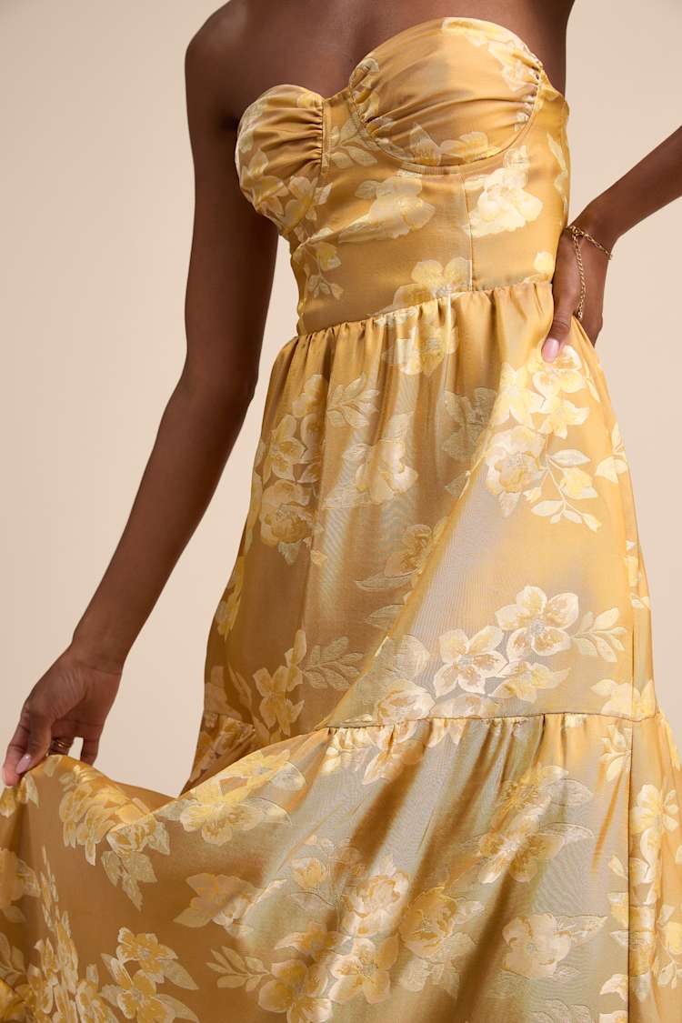 Lulus | Golden Yellow Floral Jacquard Strapless Maxi Dress | Womens | X-Small (Available in S, M, L, XL) | 100% Polyester