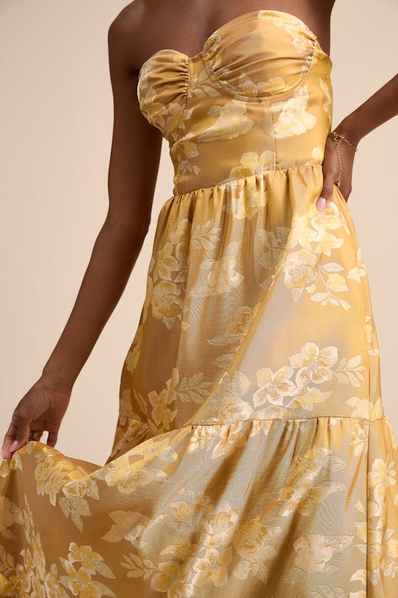 Petrina Golden Yellow Floral Jacquard Strapless Maxi Dress 2