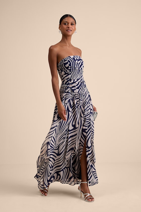 Lulus Calista Navy Print Ruched Drop Waist Maxi Dress In Black