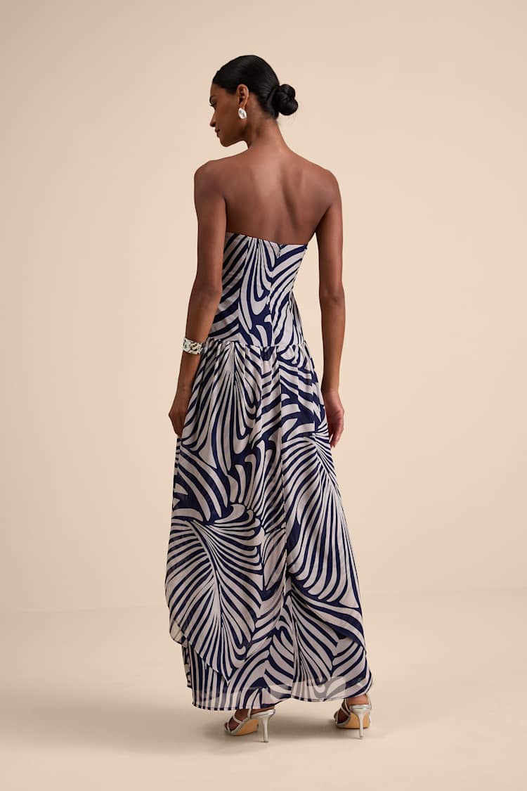 Calista Navy Print Ruched Drop Waist Maxi Dress