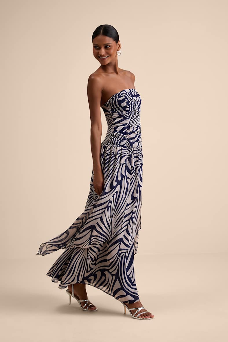 Calista Navy Print Ruched Drop Waist Maxi Dress