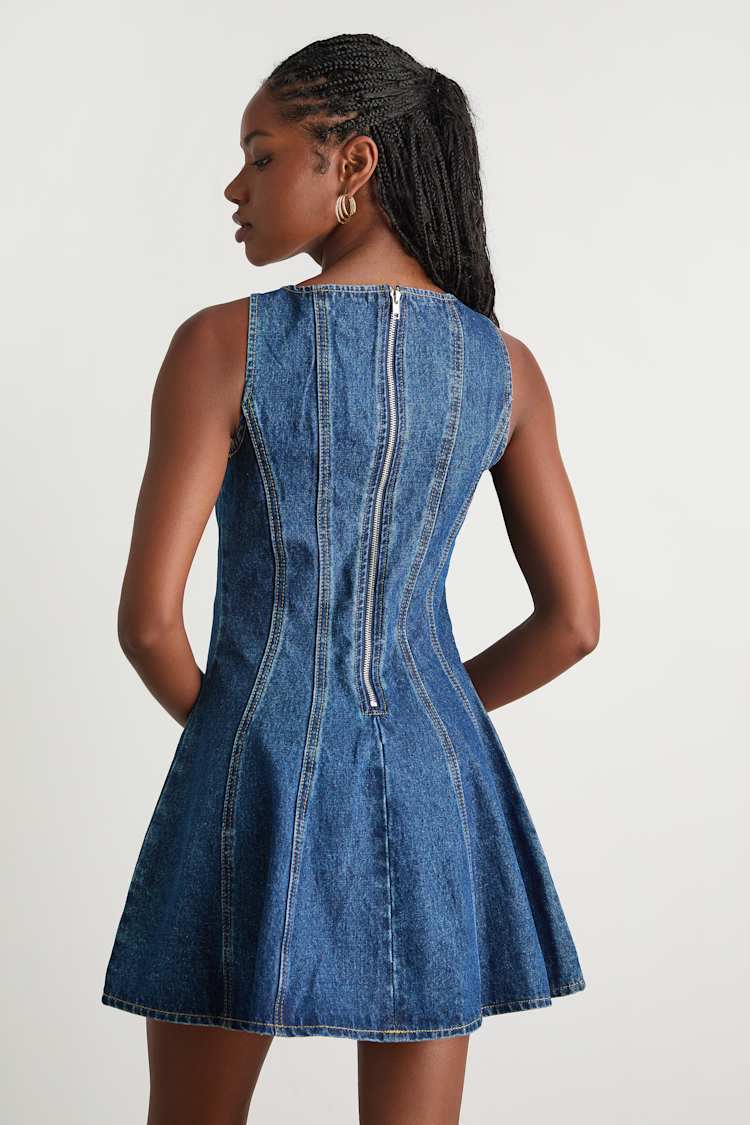 Marchella Dark Wash Denim Seamed Mini Dress