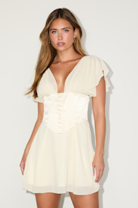 Kistine Ivory Chiffon Corset Flutter Sleeve Mini Dress 1
