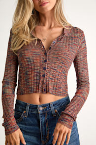 Avra Rust Multi Space Dye Collared Cardigan Sweater Top 2