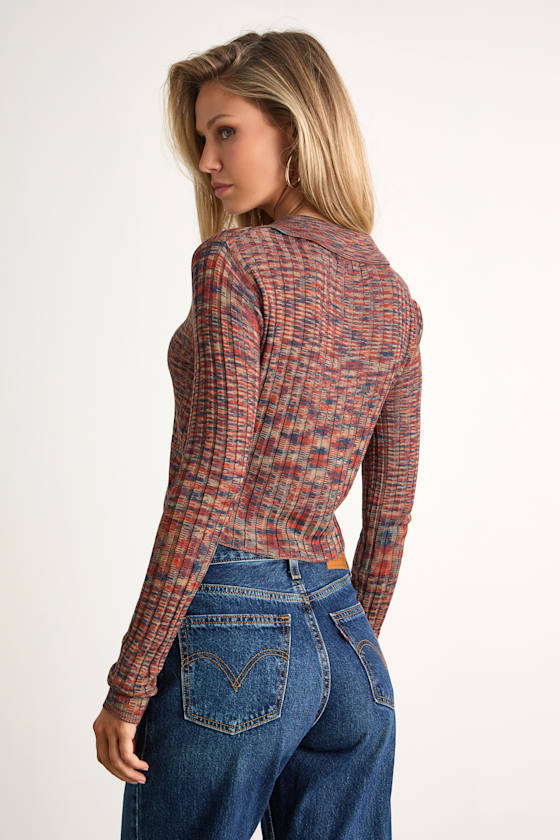 Avra Rust Multi Space Dye Collared Cardigan Sweater Top - thumbnail 3
