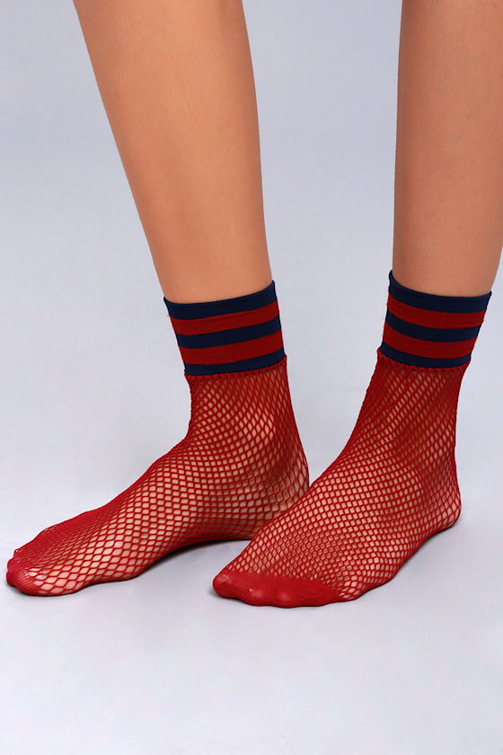 Free People Riot Sport Wine Red Striped Fishnet Socks 2