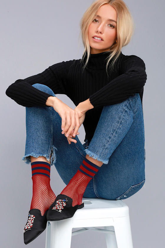 Free People Riot Sport Wine Red Striped Fishnet Socks 2