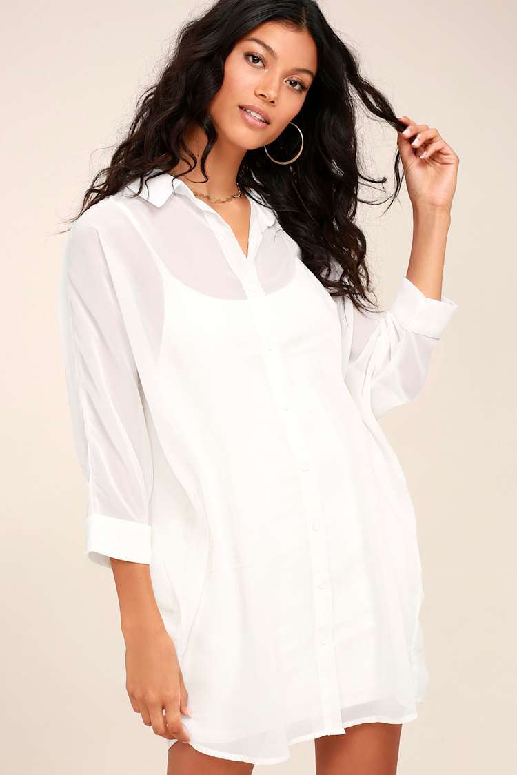 helsa sheer mini shirt dress HELSA Sheer Mini Shirt Dress in Cream