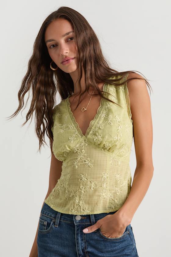 Dessie Lime Embroidered Tie-Back Tank Top 1