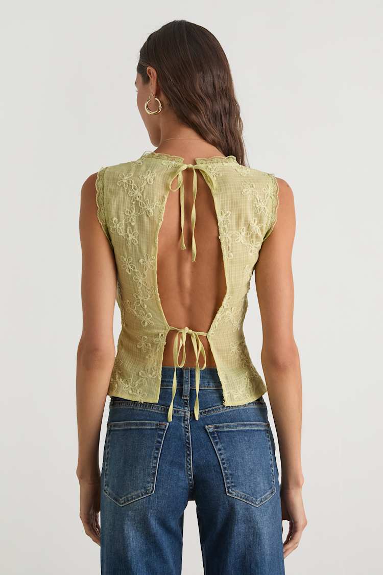 Dessie Lime Embroidered Tie-Back Tank Top