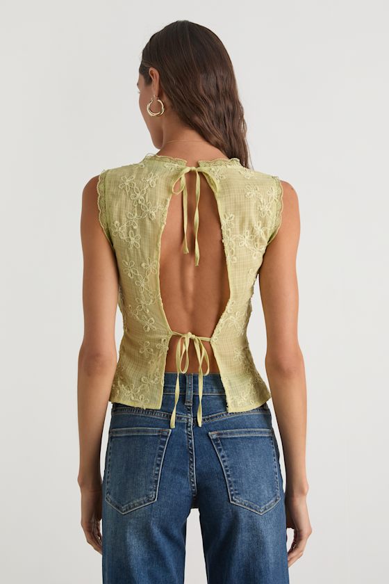Dessie Lime Embroidered Tie-Back Tank Top 2