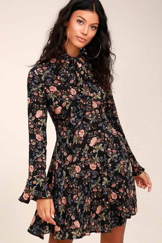 Cute Black Floral Print Dress - Tie-Neck Dress - Lulus