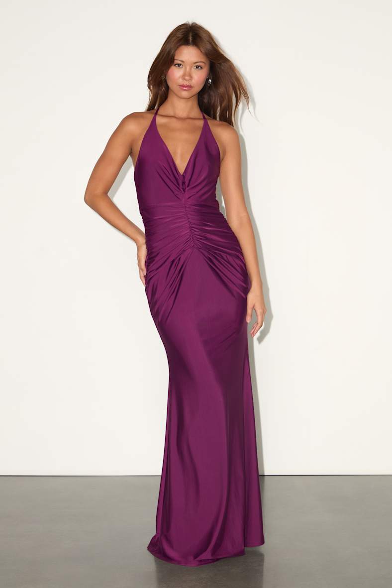 Zaniya Plum Ruched Halter Maxi Dress