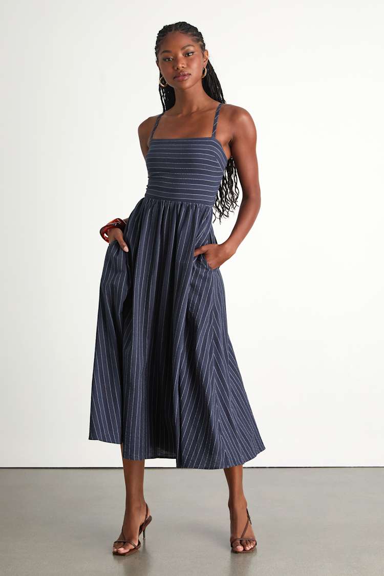 white christmas dresses Rihoas Puff Sleeve Midi Dress Square Neck Button Front for Summer Work, Navy / S main image 0
