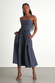 Feeling the Best Navy Striped Tie-Back Midi Dress with Pockets 1