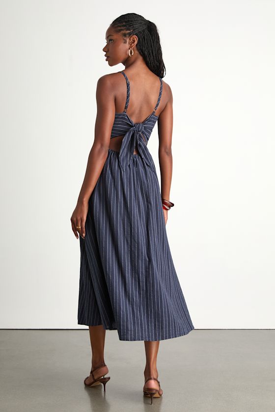 Navy Striped Midi Dress - Tie-Back Dress - Dress with Pockets - Lulus