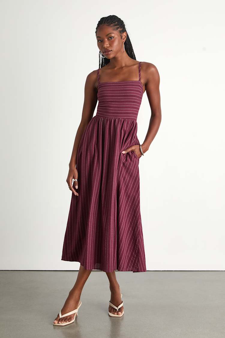Plum Striped Midi Dress - Tie-Back Dress - Dress with Pockets - Lulus