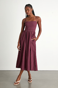 Feeling the Best Plum Striped Tie-Back Midi Dress with Pockets 1