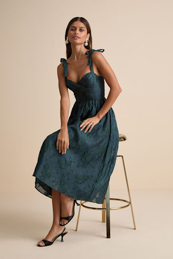 Loveliest Muse Dark Teal Burnout Floral Tie-Strap Midi Dress 1