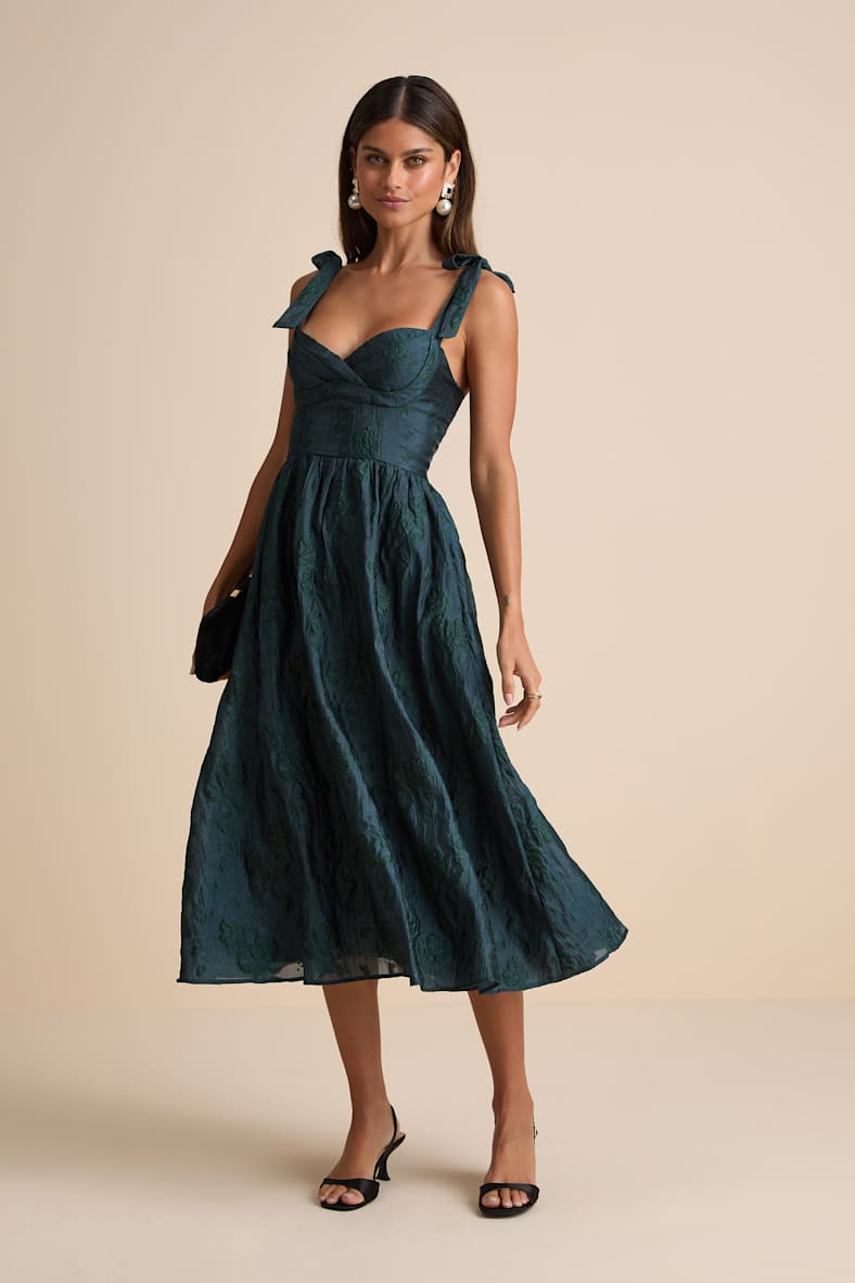 Loveliest Muse Dark Teal Burnout Floral Tie-Strap Midi Dress