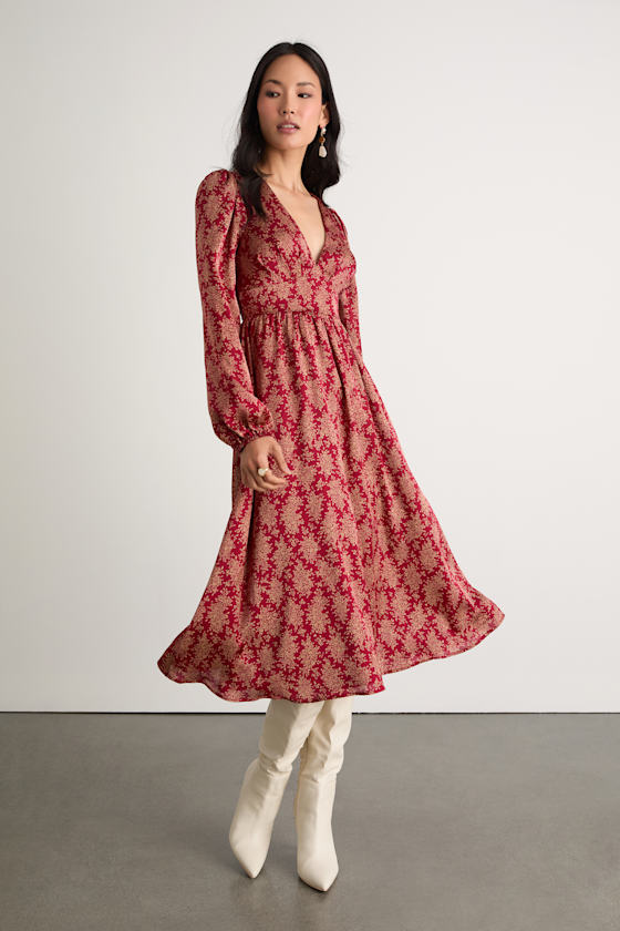 Wine Red Floral Print Midi Dress | Womens | XX-SMALL (Available in Xs) | 100% Polyester | Lulus