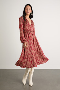 Graceful Impression Wine Red Floral Print Midi Dress 1