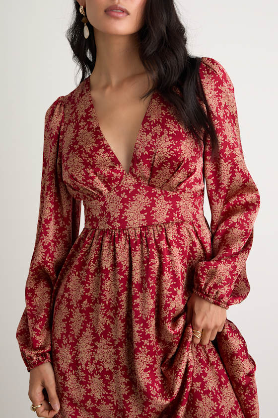 Graceful Impression Wine Red Floral Print Midi Dress 2