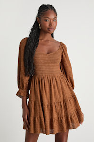 Charming Afternoon Tan Gingham Balloon Sleeve Mini Dress 1