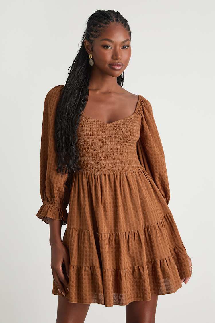 Tan Gingham Balloon Sleeve Mini Dress | Womens | Small (Available in XS, M) | 100% Rayon | Lulus Tan Gingham Balloon Sleeve Mini Dress | Womens | Small (Available in XS, M) | 100% Rayon | Lulus