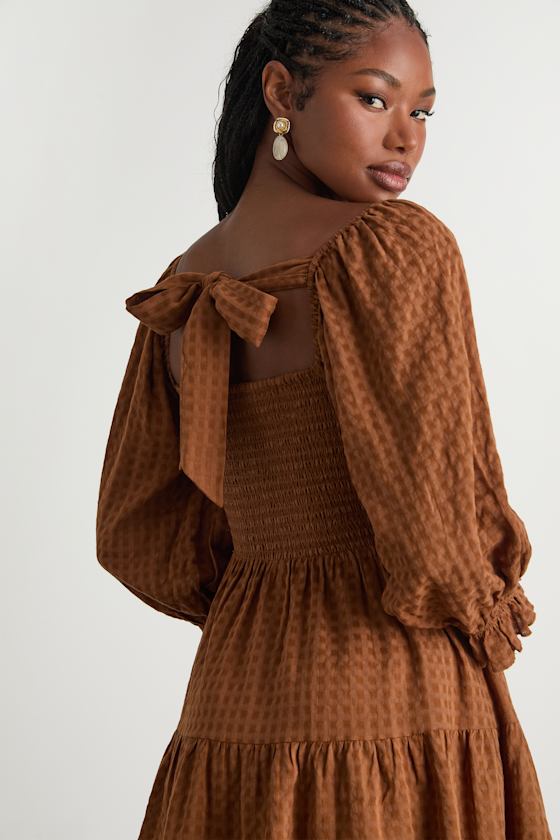 Charming Afternoon Tan Gingham Balloon Sleeve Mini Dress 2