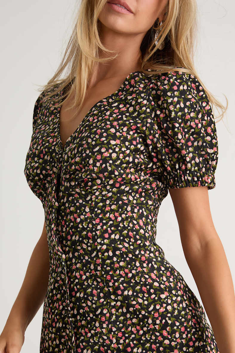 Adored Cutie Navy Floral Corduroy Button-Front Mini Dress