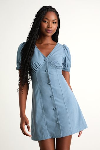 Adored Cutie Light Blue Corduroy Button-Front Mini Dress 1