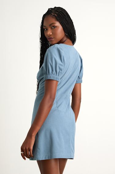 Lulus | Light Blue Corduroy Button-Front Mini Dress | Womens | Small | 100% Polyester