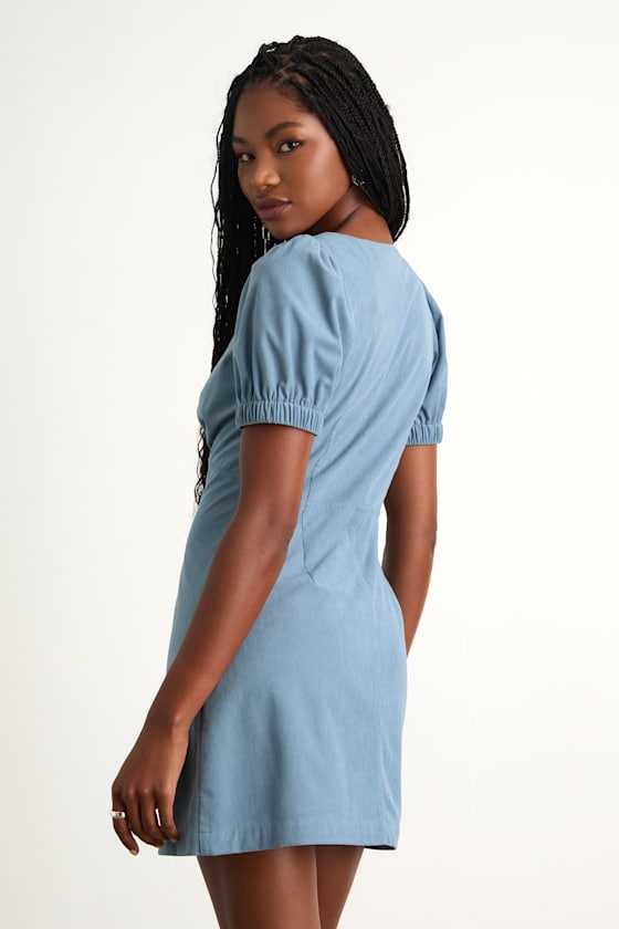 Adored Cutie Light Blue Corduroy Button-Front Mini Dress 2