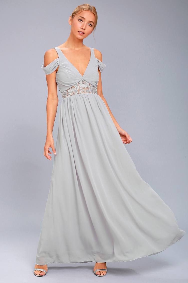Grey Maxi Dress - Off-the-Shoulder Dress - Lace Dress - Gown - Lulus
