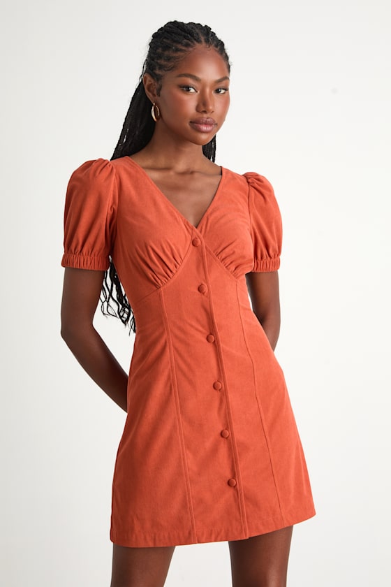Adored Cutie Rust Orange Corduroy Button-Front Mini Dress 1