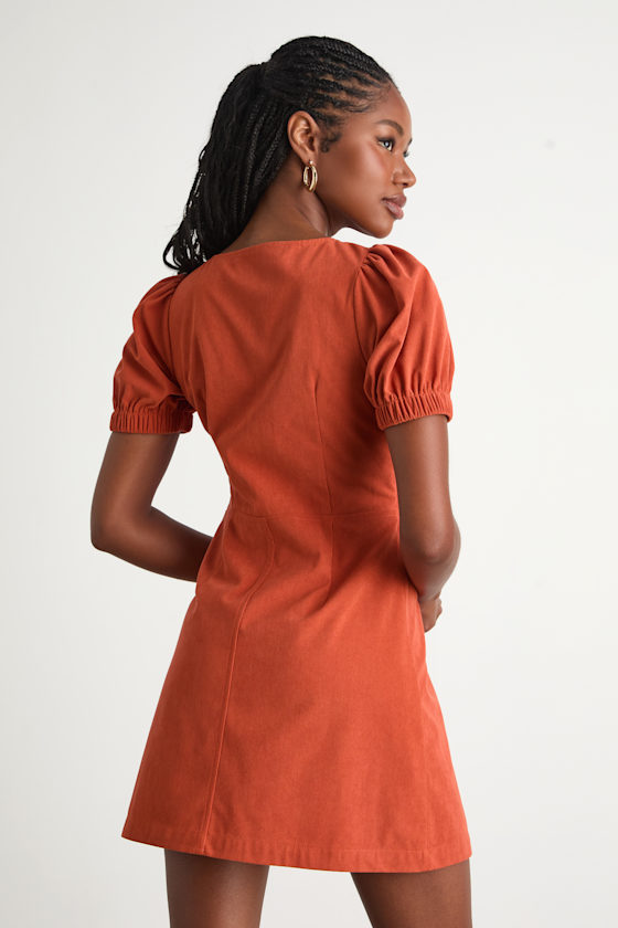 Orange Mini Dress - Button-Up Mini Dress - Puff Sleeve Mini - Lulus