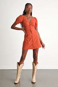Adored Cutie Rust Orange Corduroy Button-Front Mini Dress 3