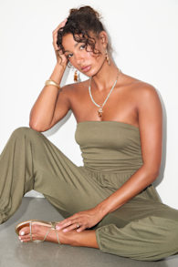 Flawless Comfort Olive Green Ruched Strapless Jogger Jumpsuit 1