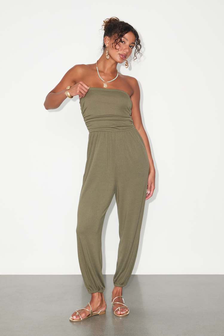 Flawless Comfort Olive Green Ruched Strapless Jogger Jumpsuit