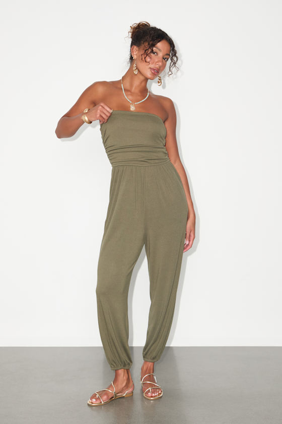 Flawless Comfort Olive Green Ruched Strapless Jogger Jumpsuit 2