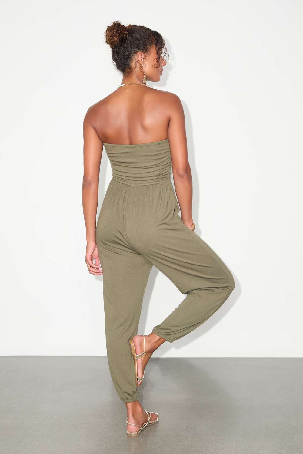 Flawless Comfort Olive Green Ruched Strapless Jogger Jumpsuit