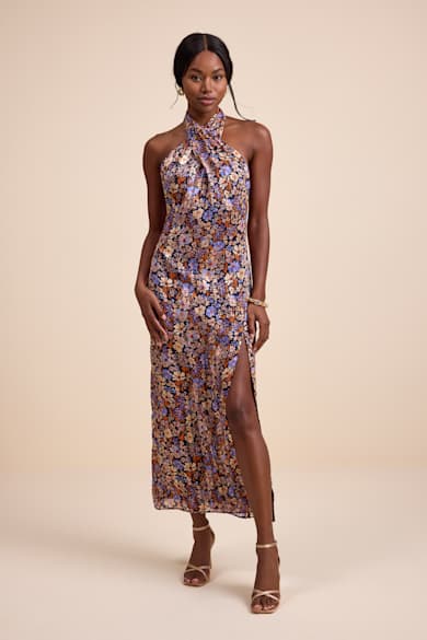 white christmas dresses Ava Presley Floral Halter Ruffle Short Dress 26447 White/Blue / 12 main image 0