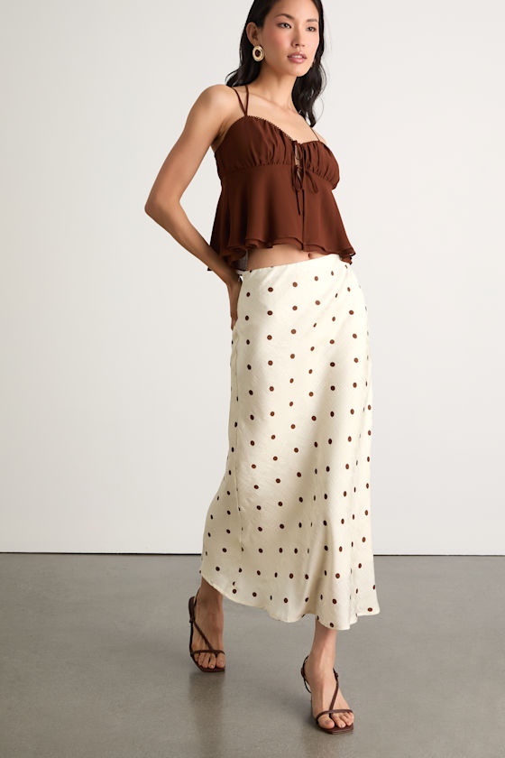 Shalia Ivory and Brown Polka Dot Midi Skirt 1