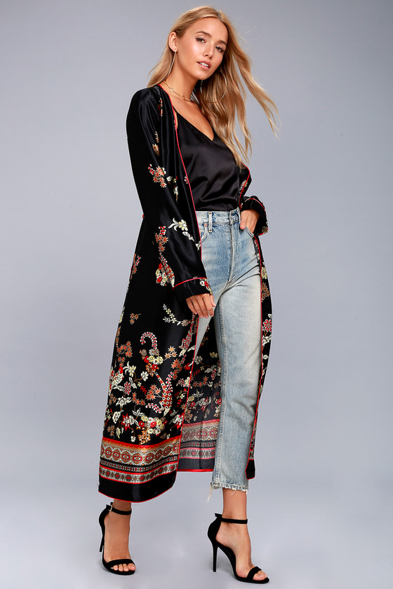 Chic Black Kimono Top Satin Kimono Print Kimono Lulus