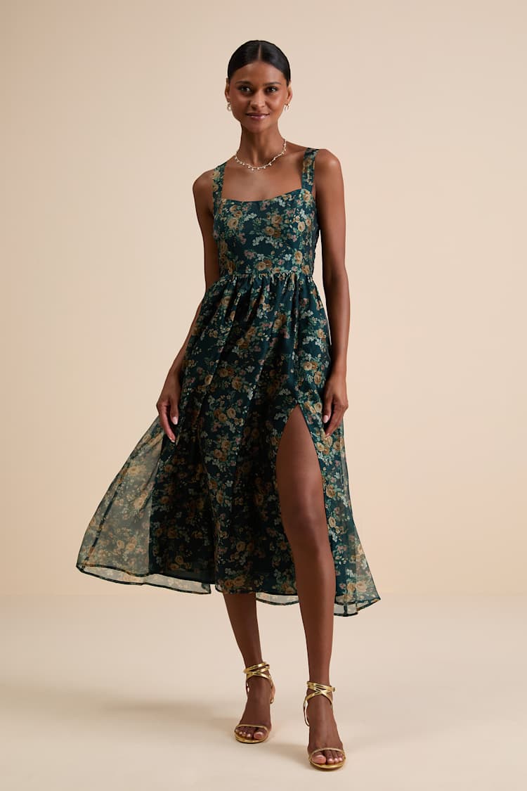 Francesca Dark Teal Floral Sleeveless Midi Dress