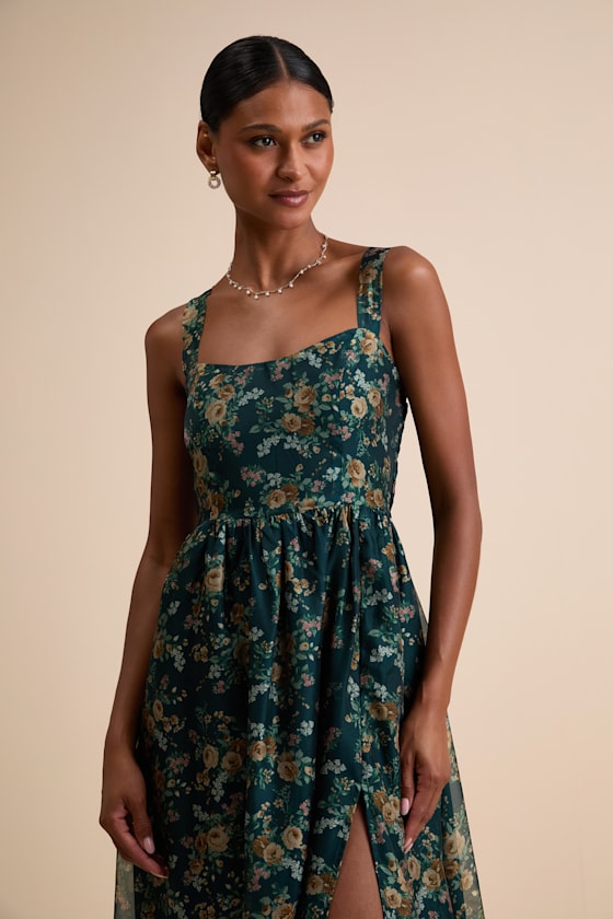 Francesca Dark Teal Floral Sleeveless Midi Dress - thumbnail 4